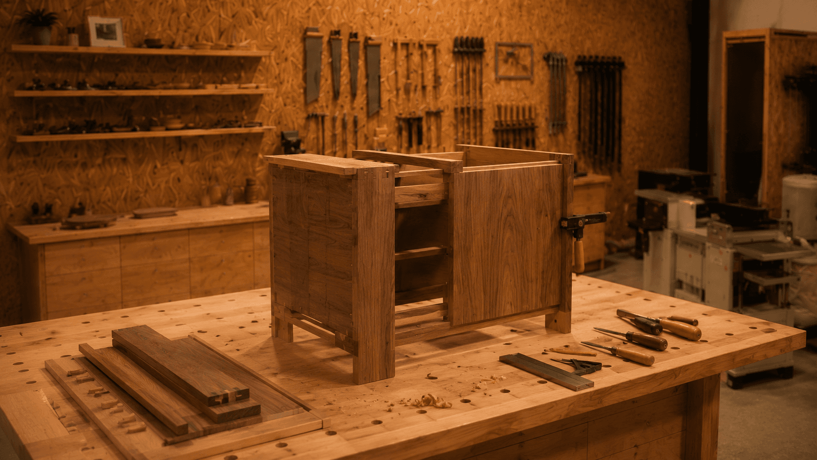 Walnut cabinet with dovetail joinery in progress on workbench in the Migration Studios workshop